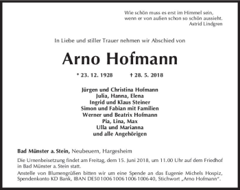 Traueranzeige von Arno Hofmann von Trauerportal Rhein Main Presse