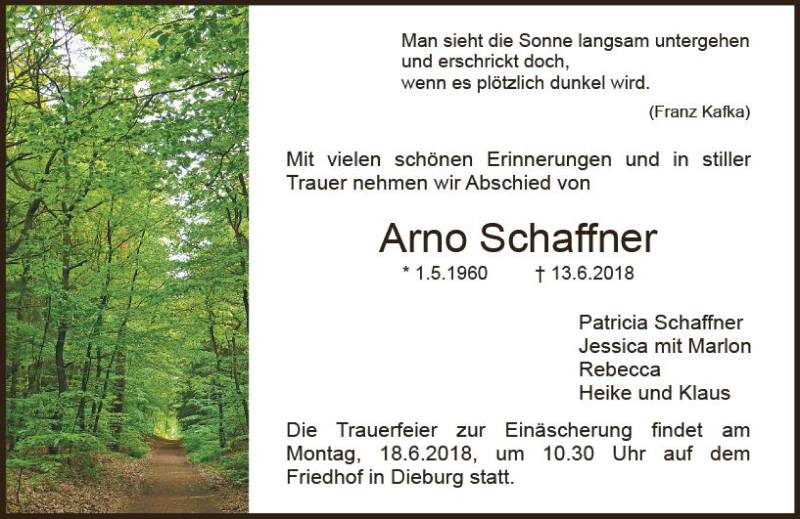  Traueranzeige für Arno Schaffner vom 16.06.2018 aus Trauerportal Rhein Main Presse