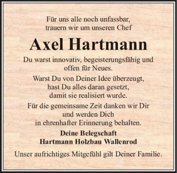 Traueranzeige von Axel Hartmann von VRM Trauer