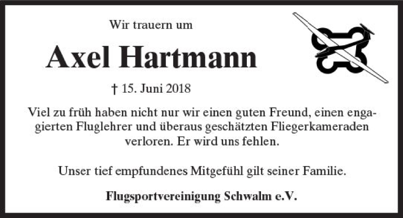  Traueranzeige für Axel Hartmann vom 30.06.2018 aus VRM Trauer
