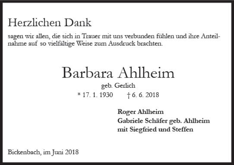  Traueranzeige für Barbara Ahlheim vom 30.06.2018 aus Trauerportal Rhein Main Presse