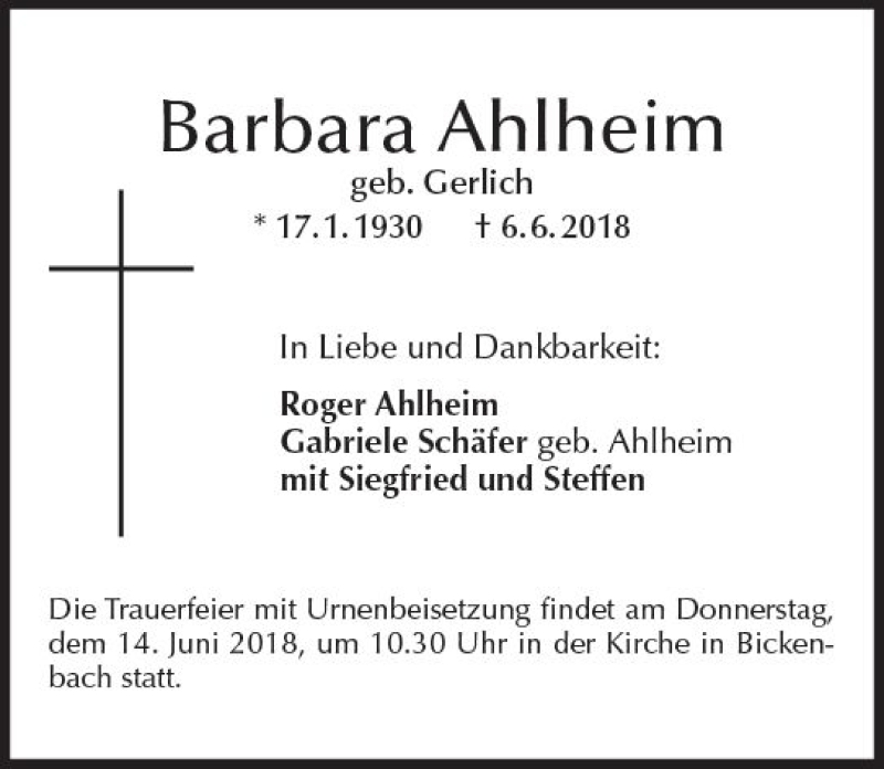  Traueranzeige für Barbara Ahlheim vom 11.06.2018 aus Trauerportal Rhein Main Presse