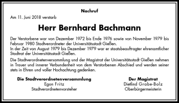 Traueranzeige von Bernhard Bachmann von  Gießener Anzeiger
