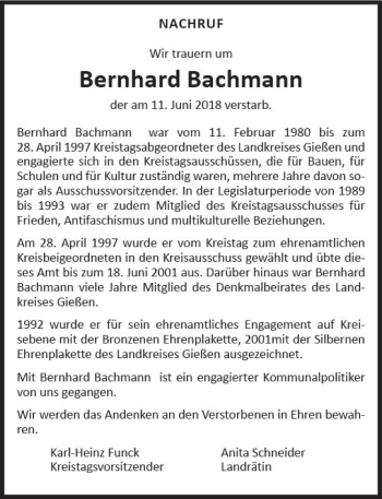 Traueranzeige von Bernhard Bachmann von  Gießener Anzeiger