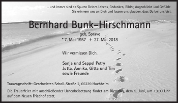 Traueranzeige von Bernhard Bunk-Hirschmann von Trauerportal Rhein Main Presse