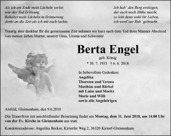 Traueranzeige von Berta Engel von VRM Trauer