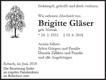 Traueranzeige von Brigitte Gläser von Trauerportal Rhein Main Presse