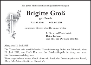 Traueranzeige von Brigitte Groß von Trauerportal Rhein Main Presse