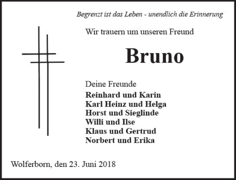  Traueranzeige für Bruno  vom 23.06.2018 aus  Kreisanzeiger