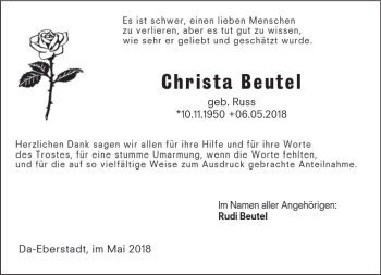 Traueranzeige von Christa Beutel von Trauerportal Rhein Main Presse