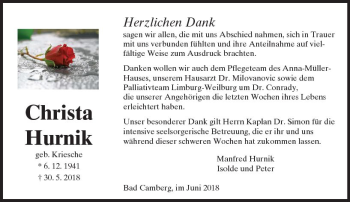 Traueranzeige von Christa Hurnik von  Camberger Anzeiger