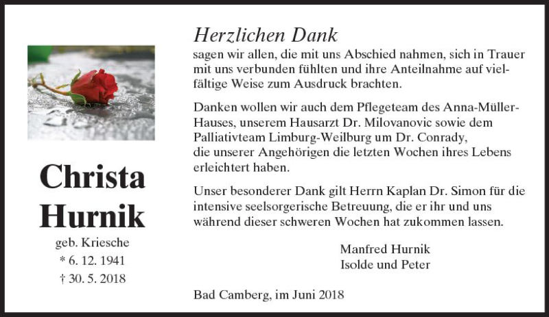  Traueranzeige für Christa Hurnik vom 14.06.2018 aus  Camberger Anzeiger