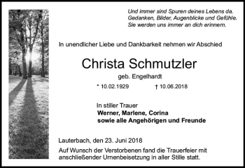 Traueranzeige von Christa Schmutzler von VRM Trauer