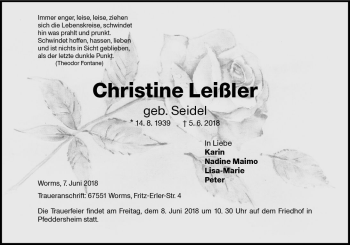 Traueranzeige von Christine Leißler von Trauerportal Rhein Main Presse