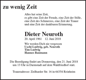 Traueranzeige von Dieter Neuroth von Trauerportal Rhein Main Presse