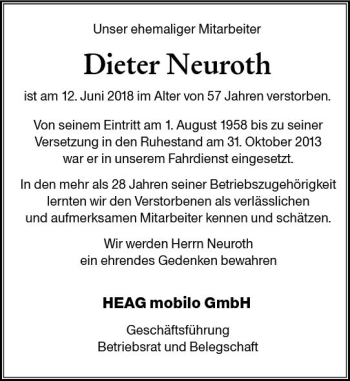 Traueranzeige von Dieter Neuroth von Trauerportal Rhein Main Presse