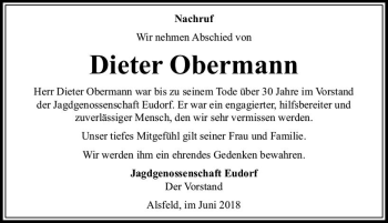 Traueranzeige von Dieter Obermann von VRM Trauer