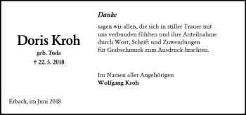 Traueranzeige von Doris Kroh von Trauerportal Rhein Main Presse