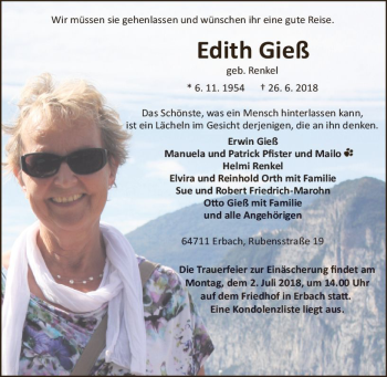 Traueranzeige von Edith Gieß von Trauerportal Rhein Main Presse
