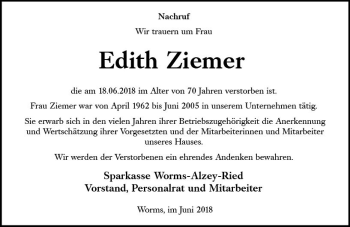 Traueranzeige von Edith Ziemer von Trauerportal Rhein Main Presse
