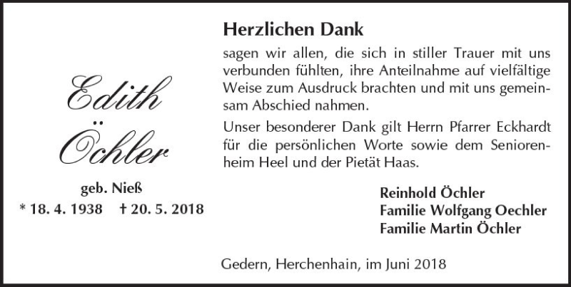  Traueranzeige für Edith Öchler vom 23.06.2018 aus VRM Trauer