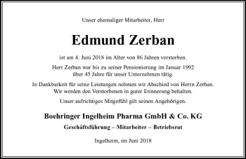 Traueranzeige von Edmund Zerban von Trauerportal Rhein Main Presse