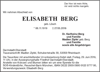 Traueranzeige von Elisabeth Berg von Trauerportal Rhein Main Presse