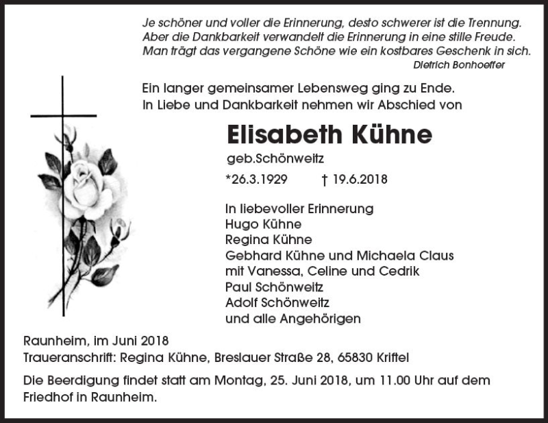  Traueranzeige für Elisabeth Kühne vom 23.06.2018 aus Trauerportal Rhein Main Presse