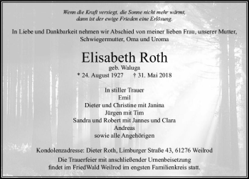 Traueranzeige von Elisabeth Roth von  Usinger Anzeiger