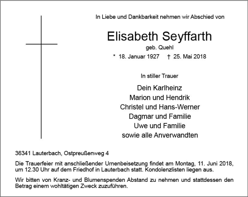  Traueranzeige für Elisabeth Seyffarth vom 06.06.2018 aus VRM Trauer