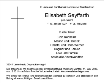 Traueranzeige von Elisabeth Seyffarth von VRM Trauer