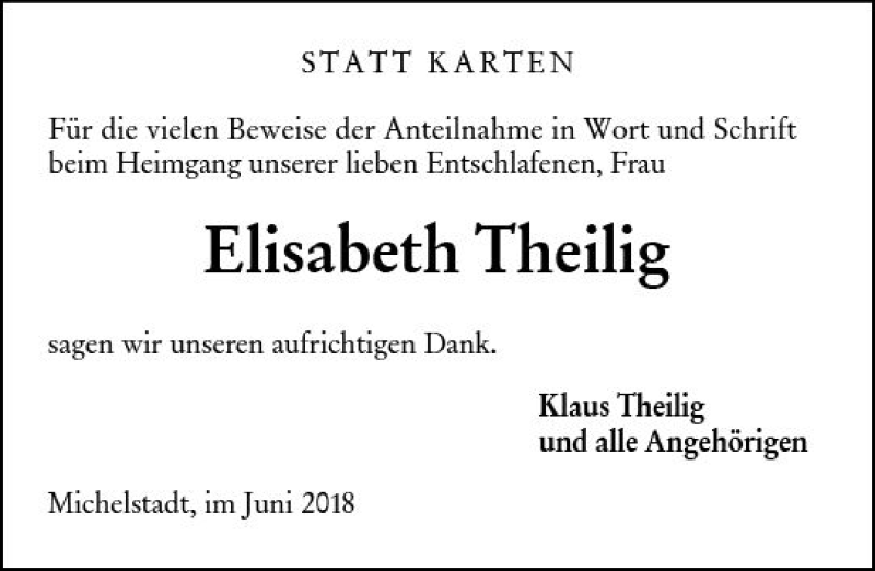  Traueranzeige für Elisabeth Theilig vom 30.06.2018 aus Trauerportal Rhein Main Presse