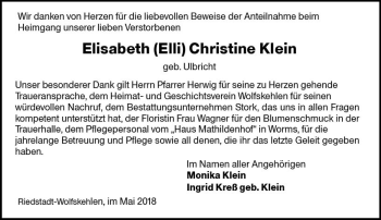 Traueranzeige von Elisabeth Christine Klein von Trauerportal Rhein Main Presse