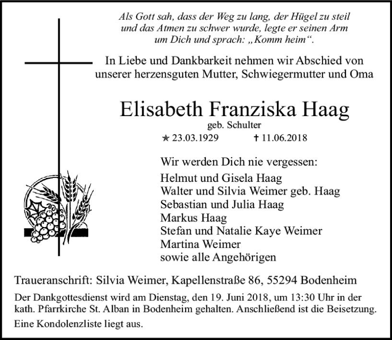  Traueranzeige für Elisabeth Franziska Haag vom 16.06.2018 aus Trauerportal Rhein Main Presse