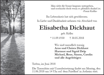 Traueranzeige von Elisabetha Dickhaut von Trauerportal Rhein Main Presse