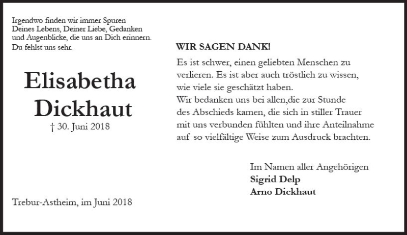  Traueranzeige für Elisabetha Dickhaut vom 22.06.2018 aus Trauerportal Rhein Main Presse