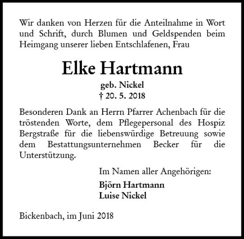  Traueranzeige für Elke Hartmann vom 09.06.2018 aus Trauerportal Rhein Main Presse