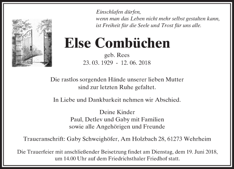  Traueranzeige für Else Combüchen vom 16.06.2018 aus  Usinger Anzeiger