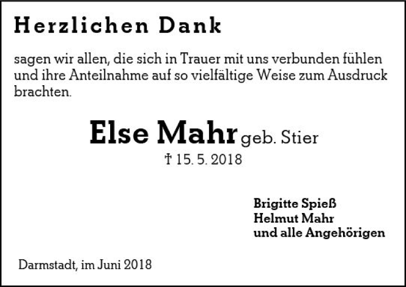  Traueranzeige für Else Mahr vom 23.06.2018 aus Trauerportal Rhein Main Presse
