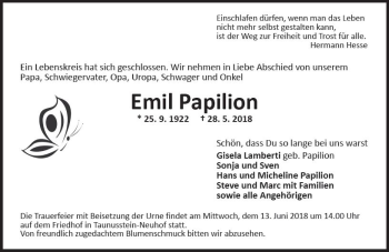 Traueranzeige von Emil Papilion von Trauerportal Rhein Main Presse