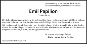 Traueranzeige von Emil Papilion von Trauerportal Rhein Main Presse