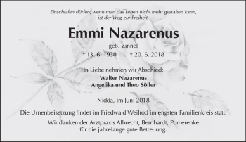 Traueranzeige von Emmi Nazarenus von  Kreisanzeiger