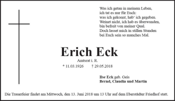 Traueranzeige von Erich Eck von Trauerportal Rhein Main Presse