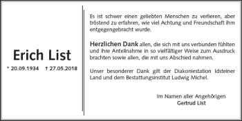 Traueranzeige von Erich List von Trauerportal Rhein Main Presse