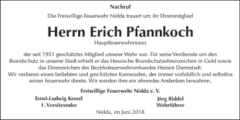 Traueranzeige von Erich Pfannkoch von  Kreisanzeiger