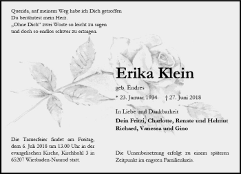 Traueranzeige von Erika Klein von Trauerportal Rhein Main Presse