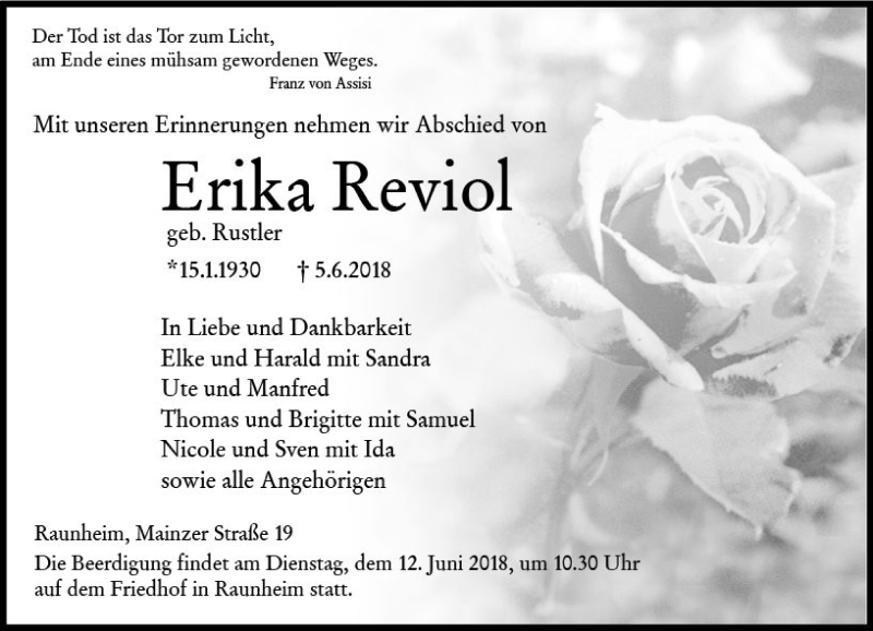  Traueranzeige für Erika Reviol vom 09.06.2018 aus Trauerportal Rhein Main Presse
