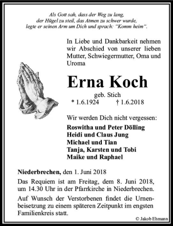 Traueranzeige von Erna Koch von  Camberger Anzeiger