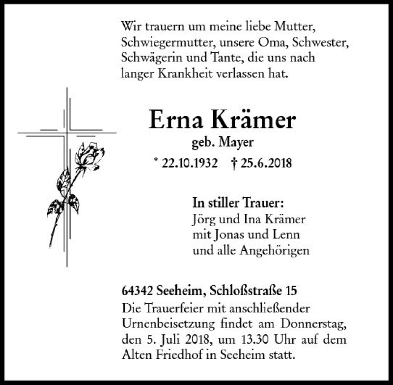  Traueranzeige für Erna Krämer vom 30.06.2018 aus Trauerportal Rhein Main Presse