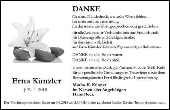 Traueranzeige von Erna Künzler von Trauerportal Rhein Main Presse